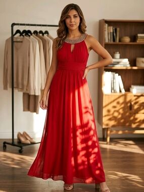 Onyx Nite Red Beaded Halter Maxi Dress